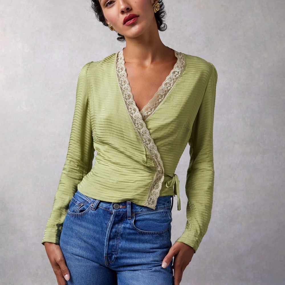 Elegant Green Wrap Top with Lace Trim